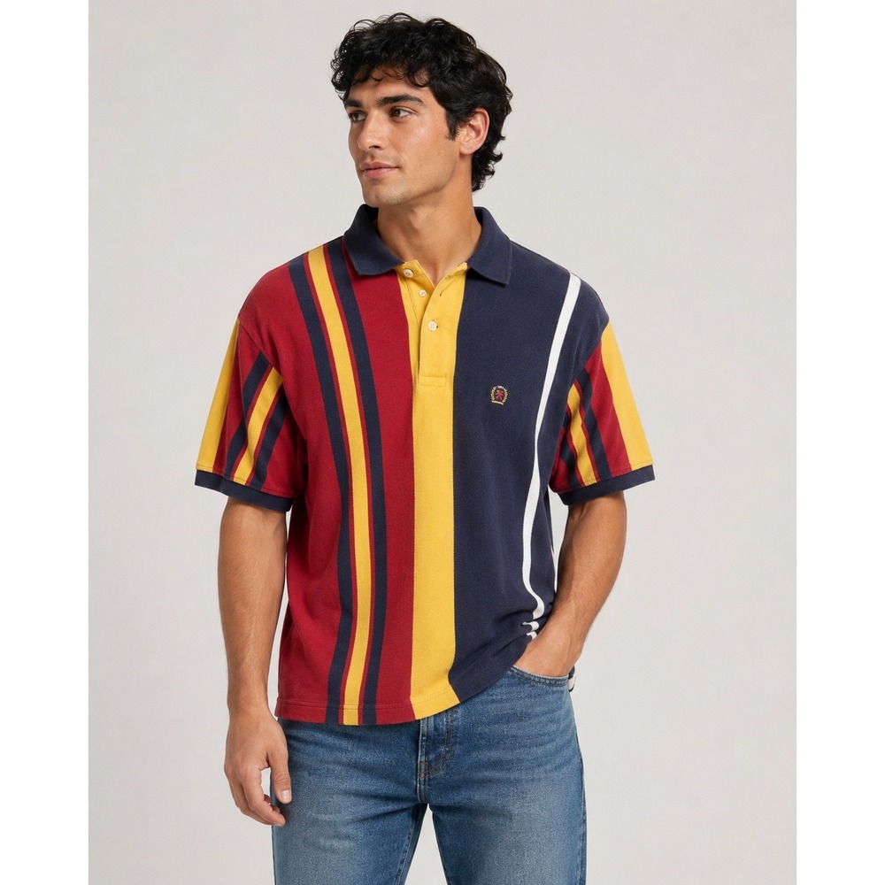 Tommy Hilfiger Vintage 90s Colorblock Multi Stripe Polo Shirt Medium Red Blue